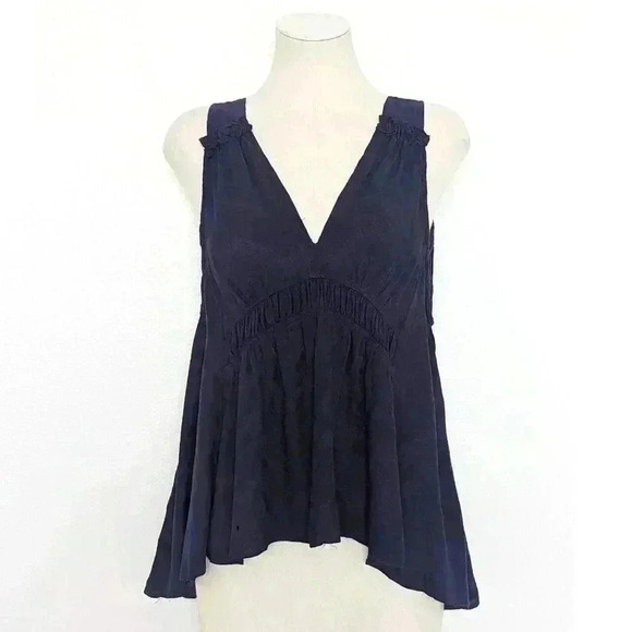 Maeve Anthropologie Navy Blue Empire Gathered Tank Blouse Top XS Rayon NWOT - Picture 2 of 7